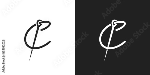 Letter C sewing needle fashion clothing logo vector illustration template. Initial letter C thread embroidery tailor textile logo. Vector illustration.