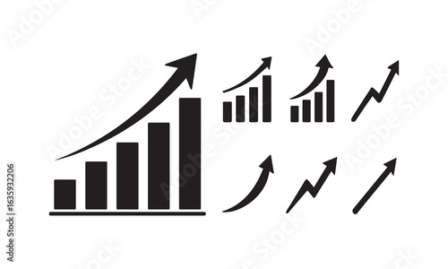 Black and white illustration depicting various growth charts and upward pointing arrows on white background.
