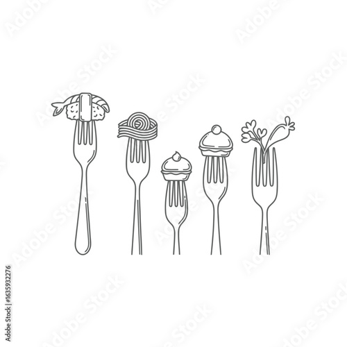 Five forks with food sushi pasta