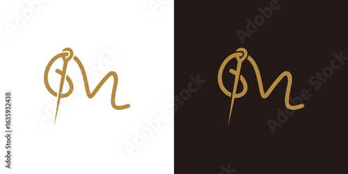 Letter M fashion clothing logo vector illustration template. letter M sewing from thread and needle combination. Flat Logo Design Template of tailor, fashion, thread, needle, stitch, line, apparel.