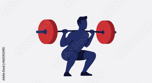 Person in squat position holds weighted barbell behind shoulders