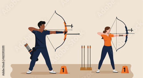 Archery athletes training with bows and arrows, aiming for target practice sessions