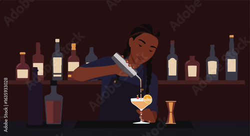 Bartender pours drink in a bar. Bottles line the shelves, garnish decorates glass