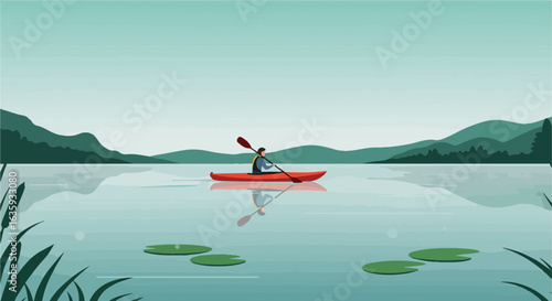 Kayak Serenity A lone paddler amidst calm waters reflecting tranquil mountain views