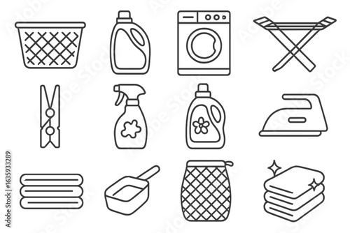 Laundry Essentials Icons. Line style icons of laundry basics: laundry basket, detergent bottle, washing machine, drying rack,