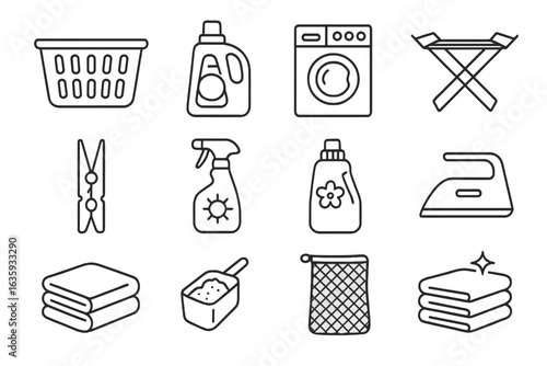 Laundry Essentials Icons. Line style icons of laundry basics: laundry basket, detergent bottle, washing machine, drying rack,