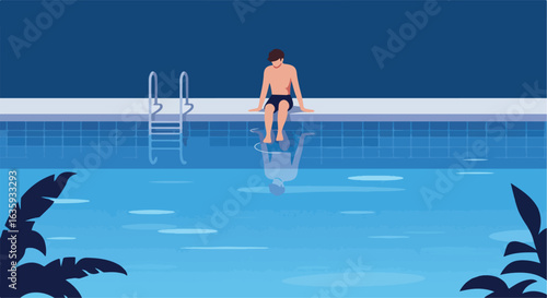 Poolside Contemplation Swimmer sits on the pool's edge, deep in thought, with leafy shade