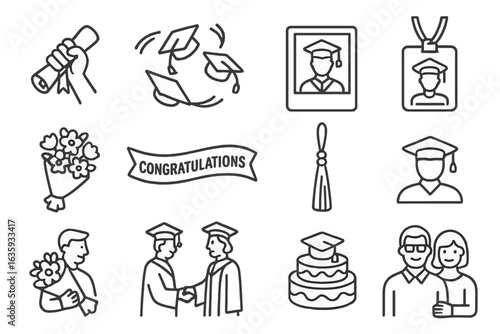 Graduation Celebration Icons. Line style icons of graduation celebration: diploma in hand, cap toss, graduate photo, alumni badge,