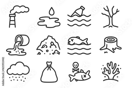 Environmental Icons. Line style icons of pollution and damage: smokestack icon, oil spill, plastic bottle in ocean, dying tree,