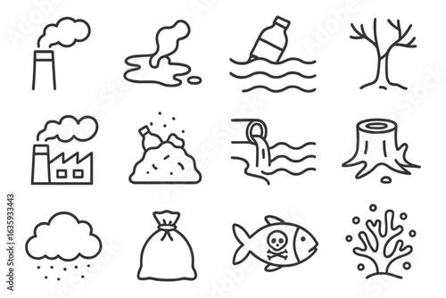 Environmental Icons. Line style icons of pollution and damage: smokestack icon, oil spill, plastic bottle in ocean, dying tree,