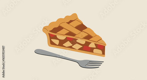 A slice of lattice topped fruit pie and a fork against a beige background