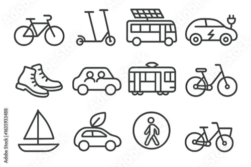 Eco Transportation Icons. Line style icons of eco transportation: bicycle icon, electric scooter, solar bus, electric car, walking