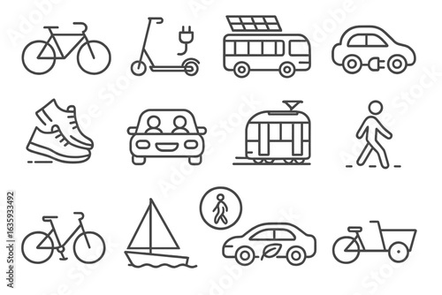 Eco Transportation Icons. Line style icons of eco transportation: bicycle icon, electric scooter, solar bus, electric car, walking