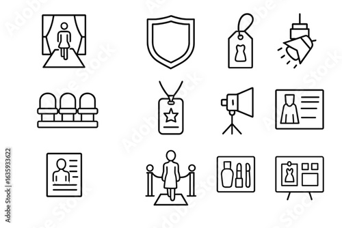 Fashion Event Icons. Line style icons of fashion events: runway icon, fashion week badge, designer label, audience seat, backstage