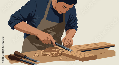 Carpenter chiseling wood with shavings and tools. He's wearing an apron