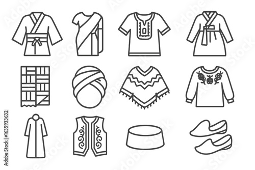 Cultural Fashion Icons. Line style icons of cultural fashion: kimono icon, sari outfit, dashiki shirt, hanbok dress, kente cloth,