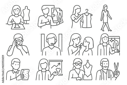 Fashion Profession Icons. Line style icons of fashion professions: fashion designer, pattern maker, stylist icon, model walk,