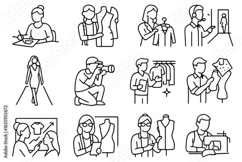 Fashion Profession Icons. Line style icons of fashion professions: fashion designer, pattern maker, stylist icon, model walk,