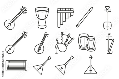 Traditional Instrument Icons. Line style icons of traditional instruments: sitar icon, djembe drum, pan flute, didgeridoo,