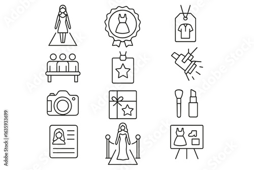 Fashion Event Icons. Line style icons of fashion events: runway icon, fashion week badge, designer label, audience seat, backstage
