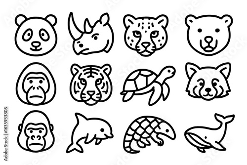Endangered Animal Icons. Line style icons of endangered animals: panda icon, rhino head, snow leopard, polar bear, orangutan,