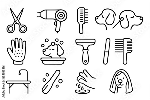 Pet Grooming Icons. Line style icons of pet grooming: haircut scissors, pet dryer, fur brush, ear cleaning icon, grooming glove,
