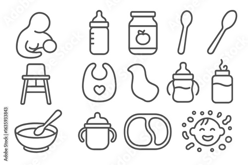 Baby Feeding Icons. Line style icons of baby feeding time: breastfeeding icon, bottle feeding, baby food jar, baby spoon, high