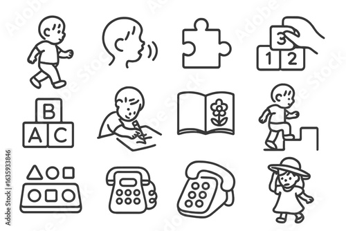 Toddler Development Icons. Line style icons of toddler development: walking toddler, talking icon, puzzle game, counting blocks,
