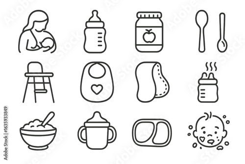 Baby Feeding Icons. Line style icons of baby feeding time: breastfeeding icon, bottle feeding, baby food jar, baby spoon, high