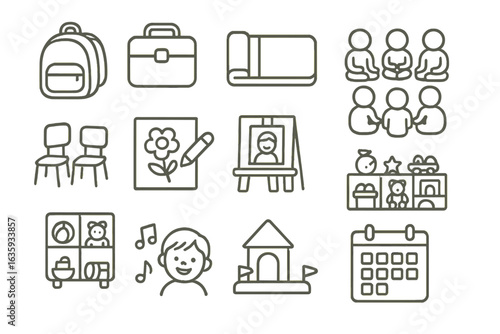 Kinder Icons Collection. Line style icons of daycare and kindergarten: backpack icon, lunchbox, nap mat, group circle time, tiny