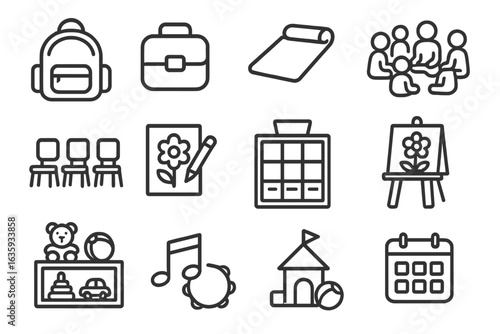 Kinder Icons Collection. Line style icons of daycare and kindergarten: backpack icon, lunchbox, nap mat, group circle time, tiny