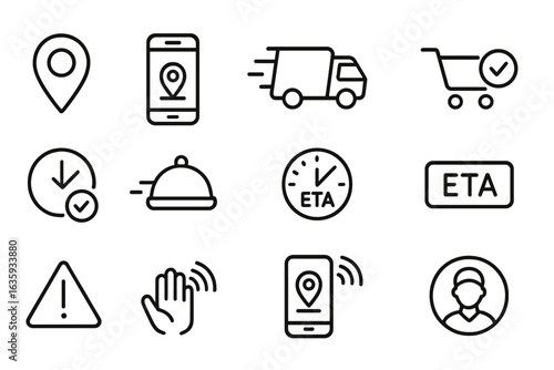 Delivery Status Icons. Line style icons of delivery status and tracking: map pin, location tracking, on the way icon, order placed