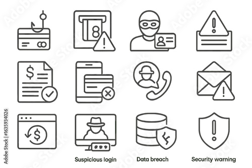 Financial Scam Line Icons. Line style icons of financial fraud and scams: phishing icon, card skimmer, identity theft, fraud alert