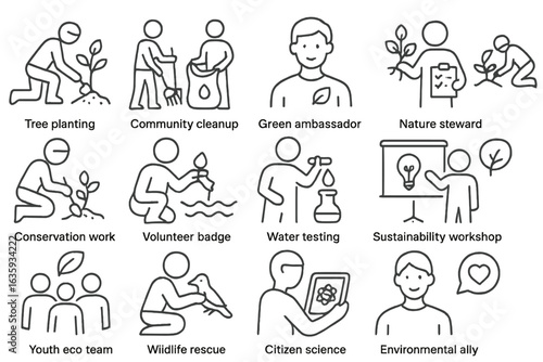 Eco Volunteering Icons. Line style icons of eco volunteering: tree planting icon, community cleanup, green ambassador, nature