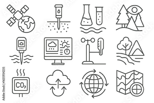 Environmental Monitoring Icons. Line style icons of environmental monitoring: satellite climate view, soil sensor icon, water