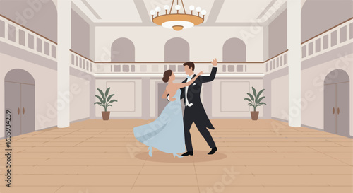 Couple dances in ballroom, light shining from chandelier, floors and architecture