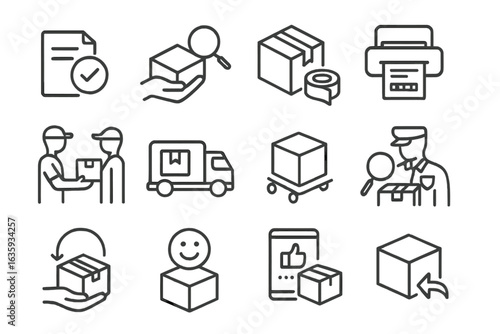 Logistics Process Icons. Line style icons of logistics process: order received, item picking, packaging step, label printing,