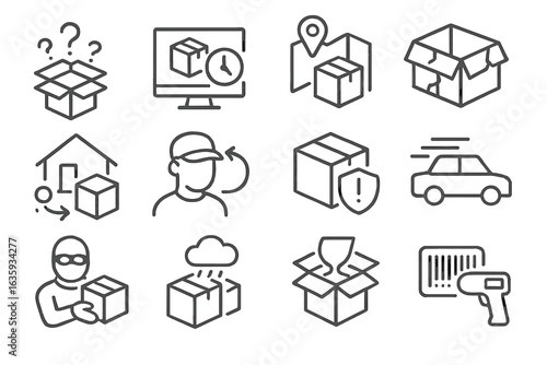 Delivery Challenge Icons. Line style icons of delivery challenges: lost package icon, delayed status, wrong address, package