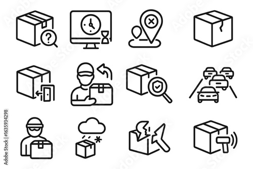Delivery Challenge Icons. Line style icons of delivery challenges: lost package icon, delayed status, wrong address, package