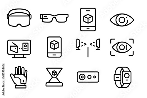 AR Devices Icons. Line style icons of AR devices: AR headset, AR smart glasses, mobile AR view, AR contact lens, projection AR