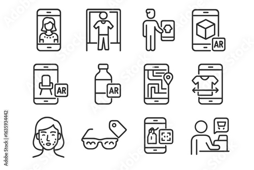 AR Retail Icons. Line style icons of AR in retail: virtual try-on, AR fitting room, 3D product view, mobile furniture placement,