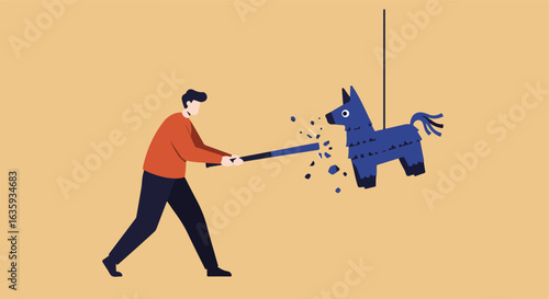 Cartoon man hitting donkey shaped papier-mâché with a bat during celebration