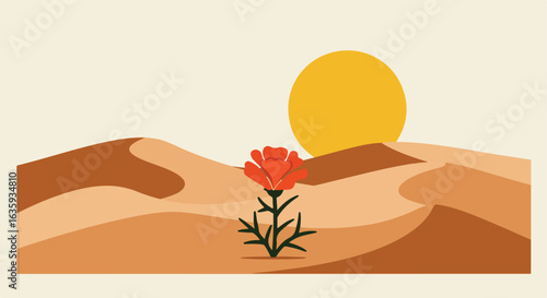 Solitary bloom in a stylized desert under a radiant sun, calm, and simplistic design