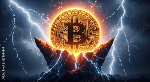 A digital bitcoin currency is held in hands with lightning strikes in the background, representing the power and volatility of crypto