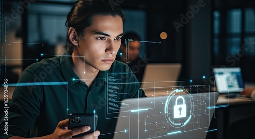 A man working on a laptop with cybersecurity interface, ensuring data protection and privacy in the digital world, with a secure network