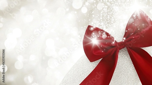 Festive red bow on a white background with bokeh