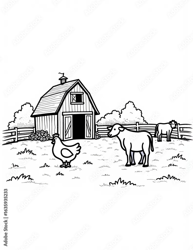 Fototapeta premium Charming farm animals and barnyard scene, ready for children's coloring.