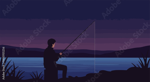 Solitary angler by a calm lake at twilight, mountains in the distance, serene scenery