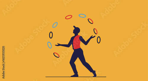 Silhouette of a person juggling colored rings against a mustard-colored background
