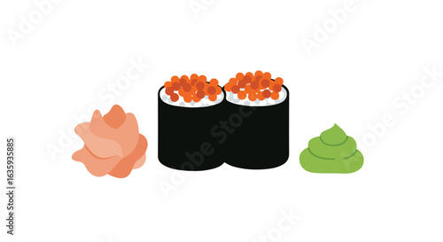 Two sushi rolls with ginger and wasabi, on white background. Food is stylized